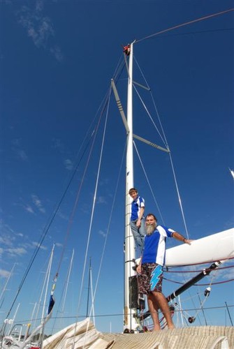 Josh McCall (up mast), Bronson McCall (on boom) and Tim McCall - Club Marine Brisbane to Keppel Tropical Yacht Race © Suellen Hurling